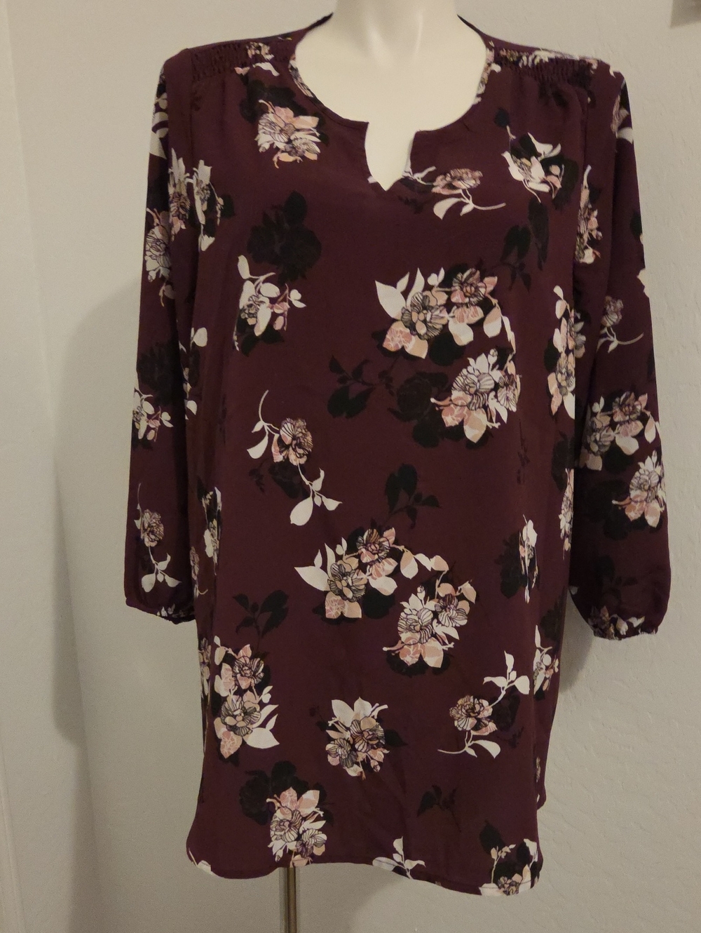 Lane Bryant Burgundy Floral Long-Sleeve Blouse